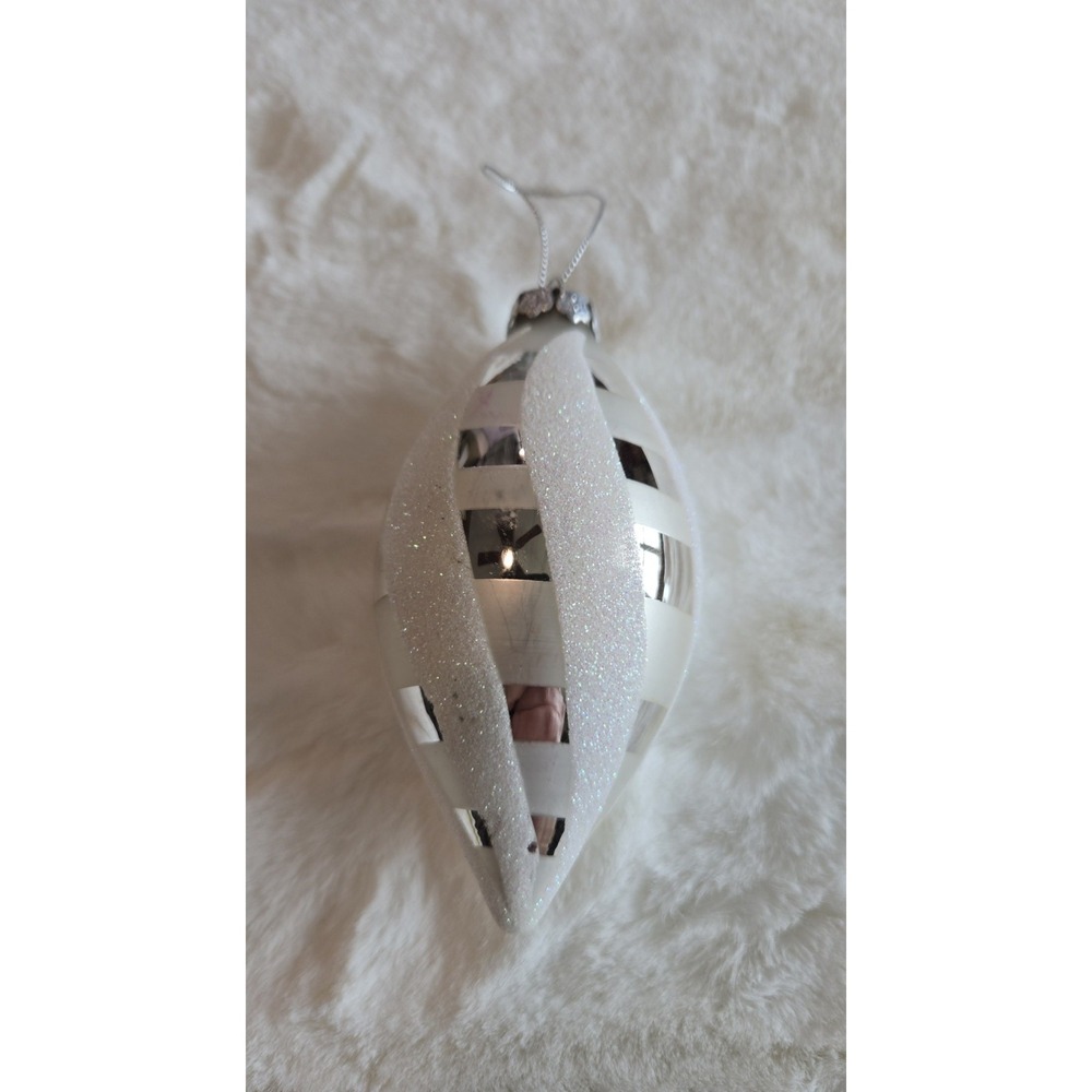 Vintage Crate & Barrel Silver Teardrop Glass Christmas Ornament White Glitter